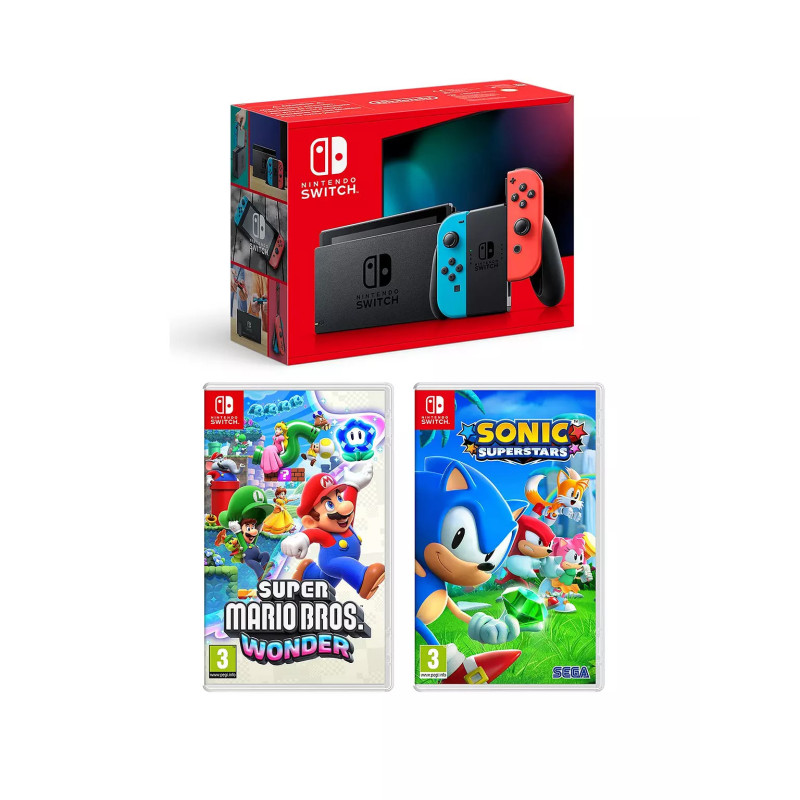 Nintendo Switch Neon With Super Mario Bros Wonder & Sonic Superstars